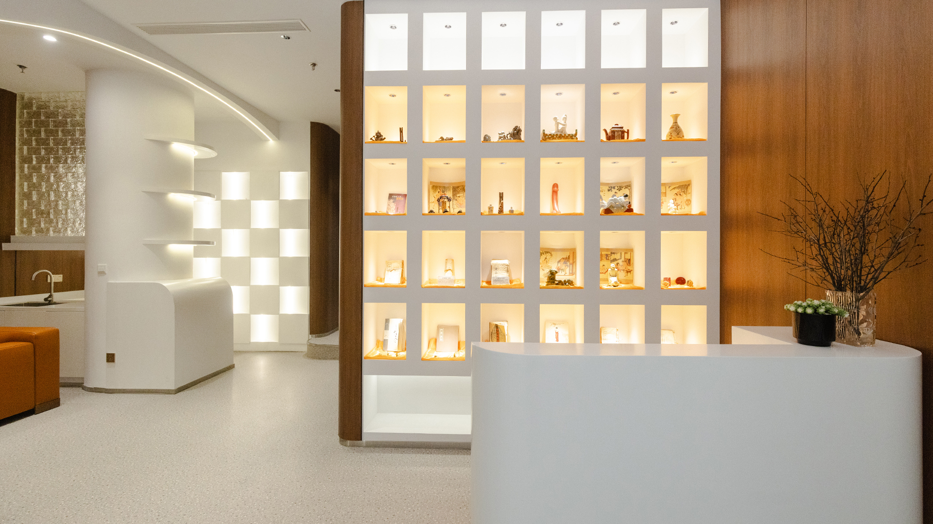杭州炫青春男仕医学保养抗衰中心前台与藏品展示区实景