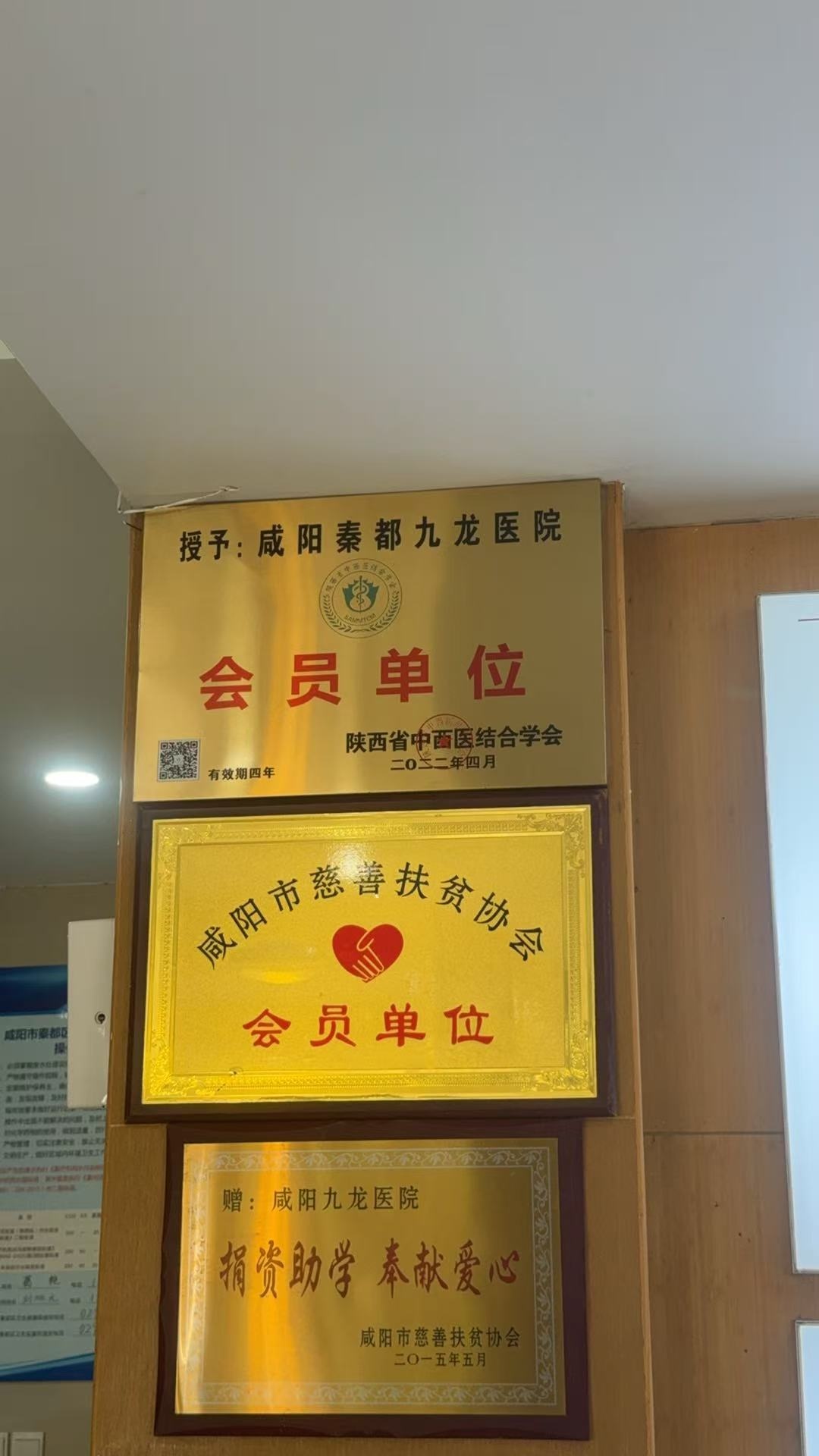 咸阳秦都九龙医院获陕西省中西医结合学会及咸阳市慈善扶贫协会会员单位牌匾