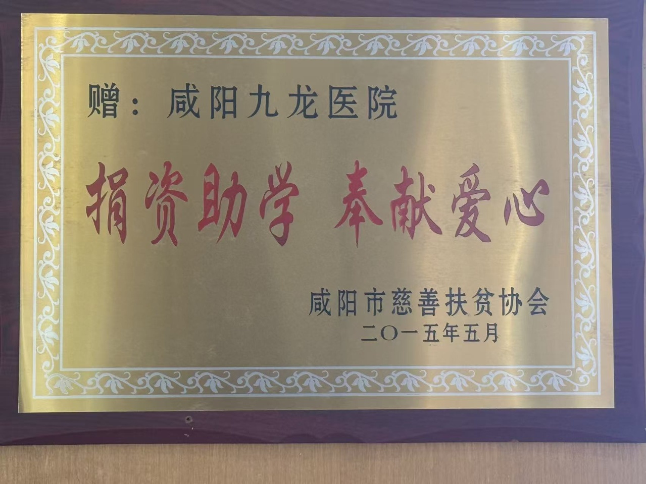 咸阳市慈善扶贫协会于2015年5月赠予咸阳秦都九龙医院捐资助学牌匾